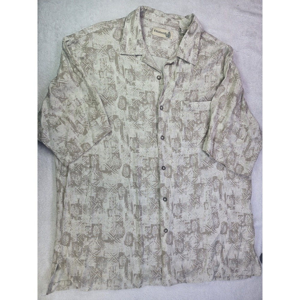 Fieldmaster Rayon Hawaiian Shirt Mens L Beige Tropical Print Button Up Vacation